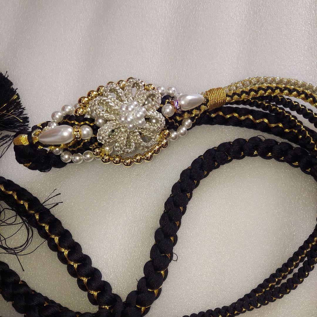 正絹振袖 蝶と辻ヶ花模様 黒と白 帯揚げ 帯締め 重ね襟 髪