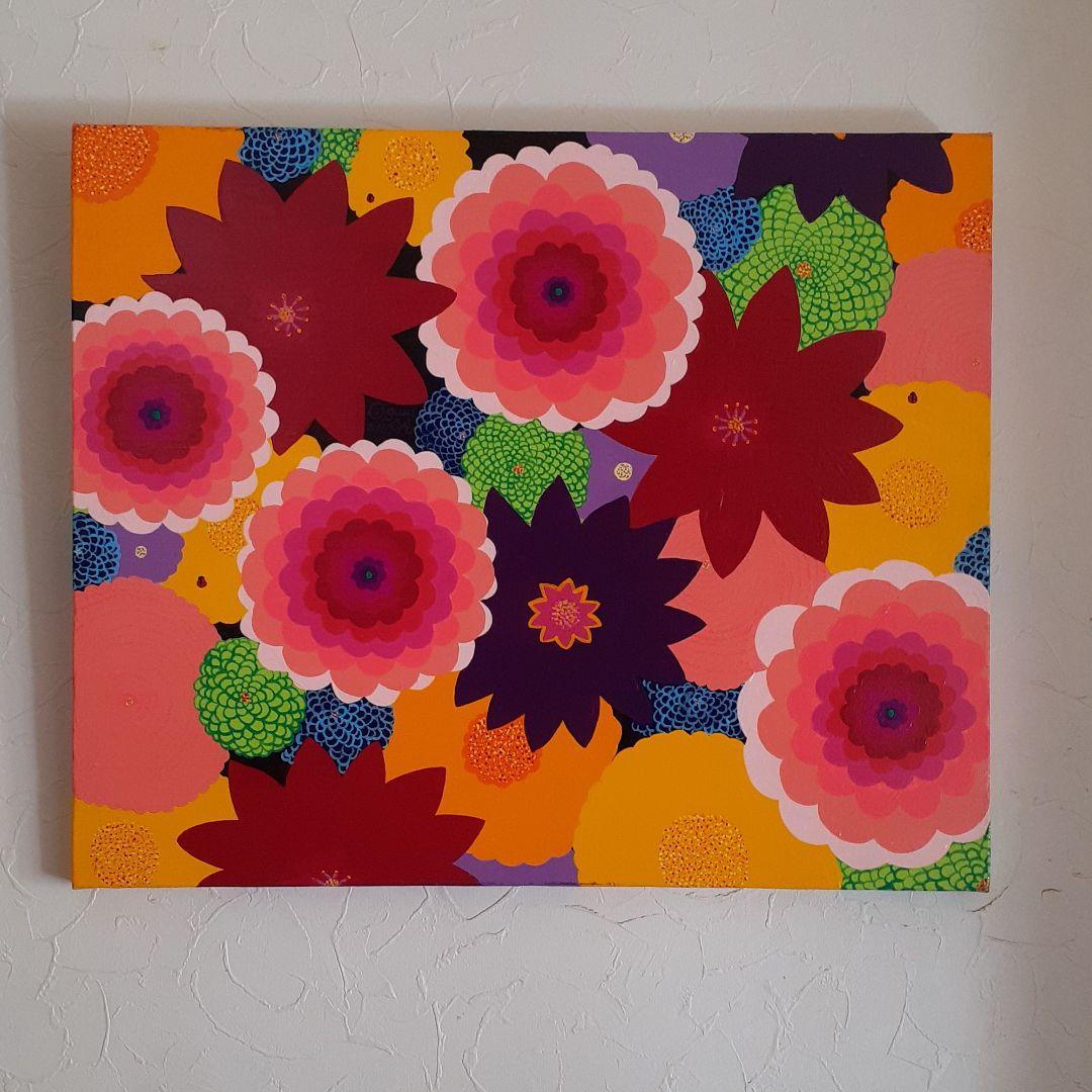 ミックスフラワー F12号 アクリルガッシュ 画家 小楠アキコ作品 額付き