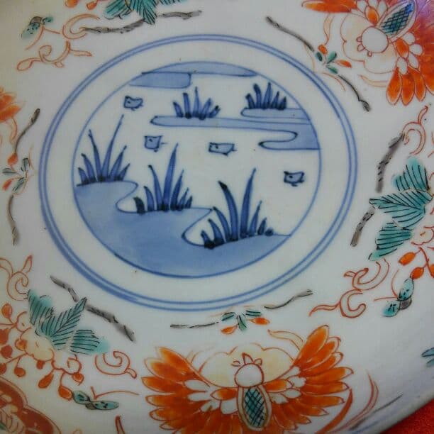 江戸後期古伊万里 染付色絵 鳳凰波千鳥文皿