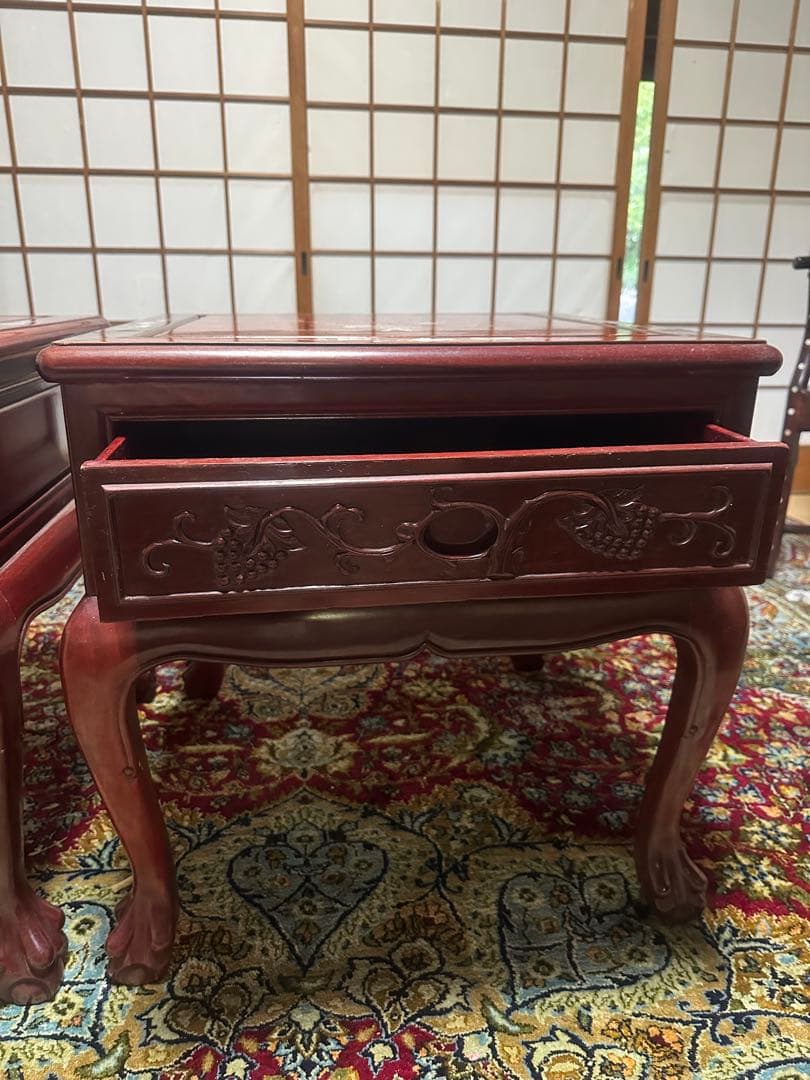 螺鈿細工 引き出し收納 木彫 花台 電話台 置物台 サイドテーブル2点