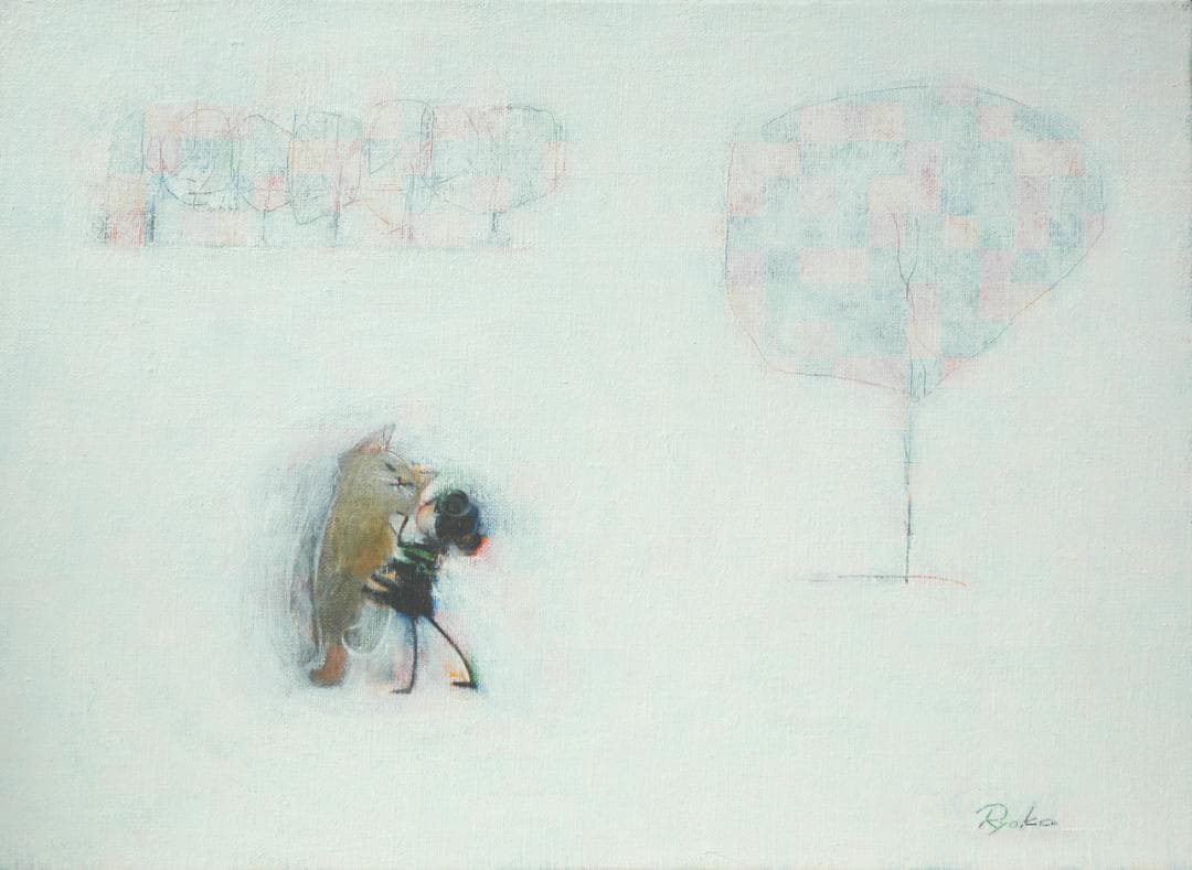 油絵 菅家令子 絵 絵画インテリア額付(黒) F4-090818 子猫子犬女の子