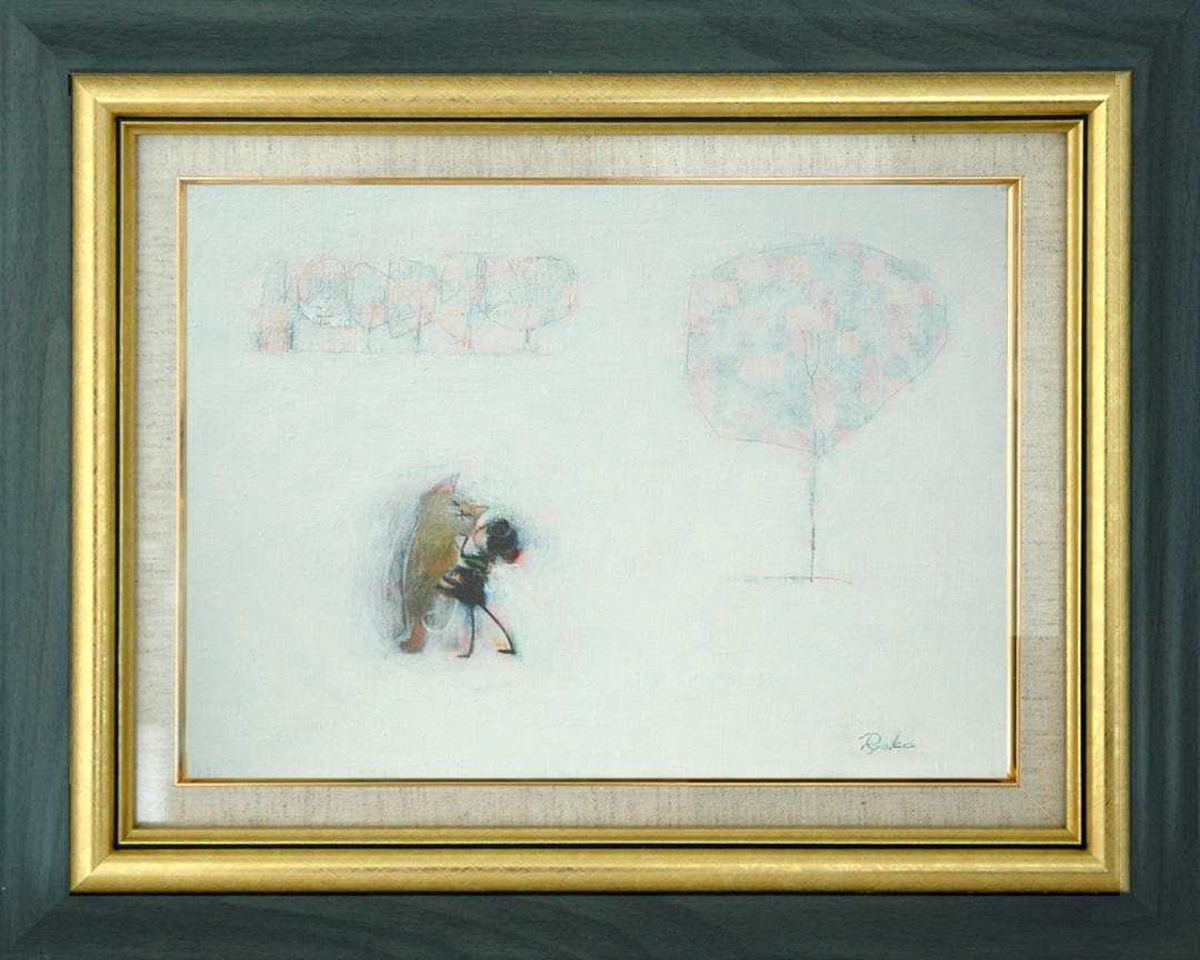 油絵 菅家令子 絵 絵画インテリア額付(黒) F4-090818 子猫子犬女の子