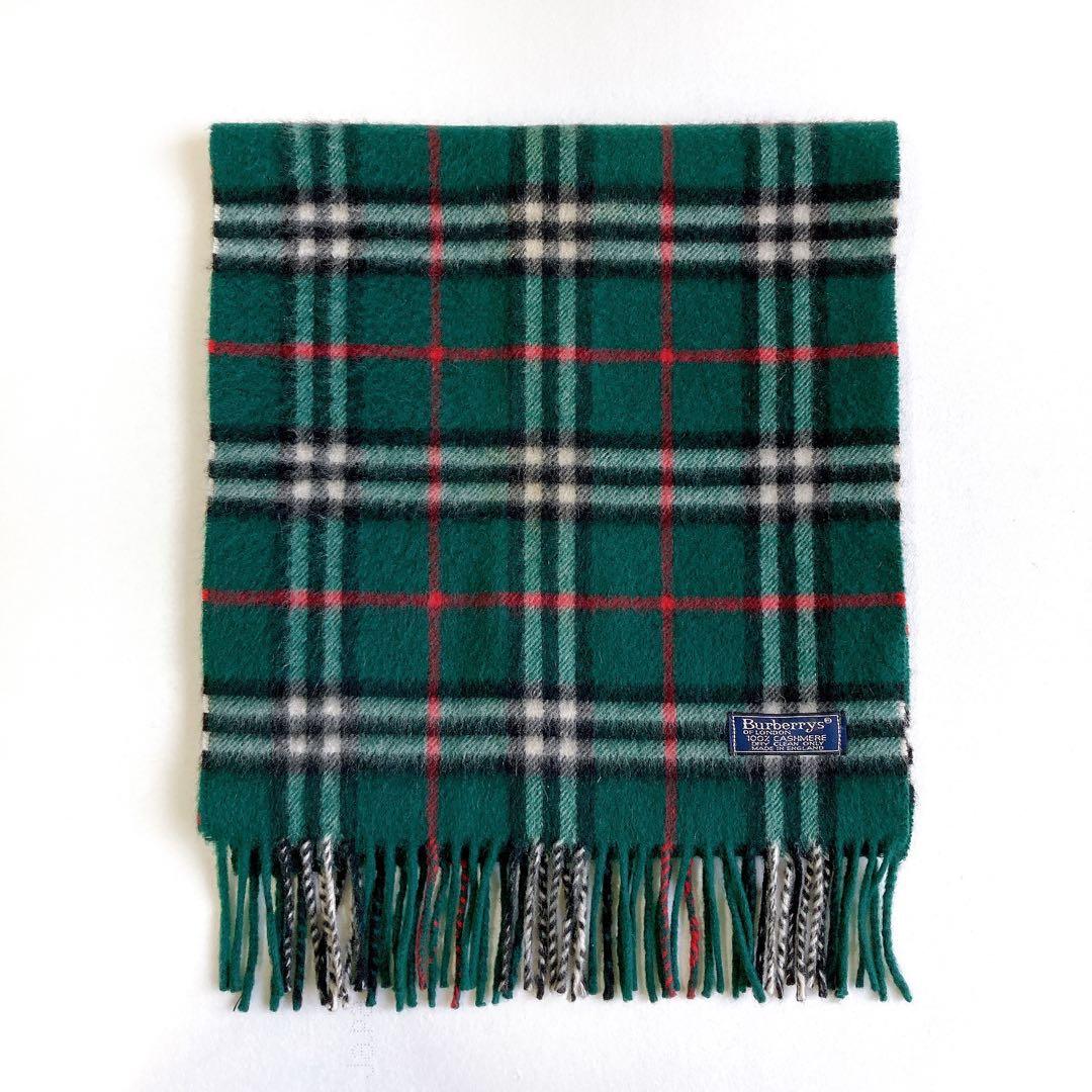 希少】バーバリー カシミア100% マフラー ノバチェック グリーン緑
