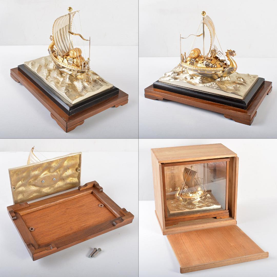 銀製 宝船 置物 ガラスケース 時代箱付 F R5380B