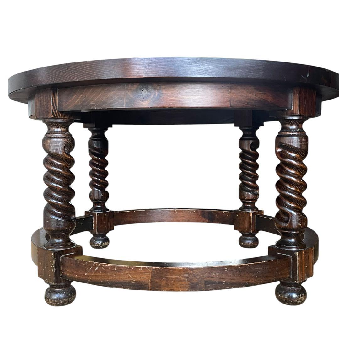 スペイン ビンテージ 彫刻 ラウンド 丸 ローテーブル ガラス天板 直径