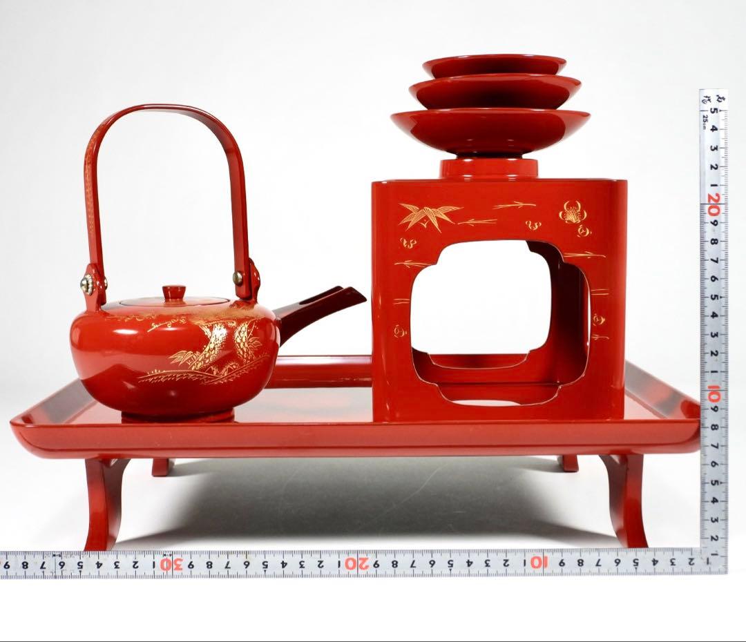 輪島塗　屠蘇器　本漆　沈金　松鶴亀紋 盃　銚子　盆　木製