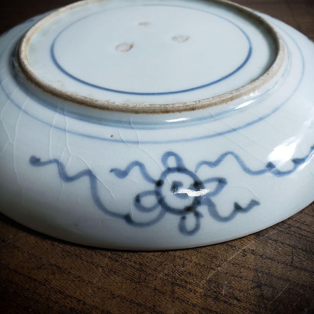 皿染付獅子古伊万里亀甲牡丹薊文様江戸訳あり欠け直し