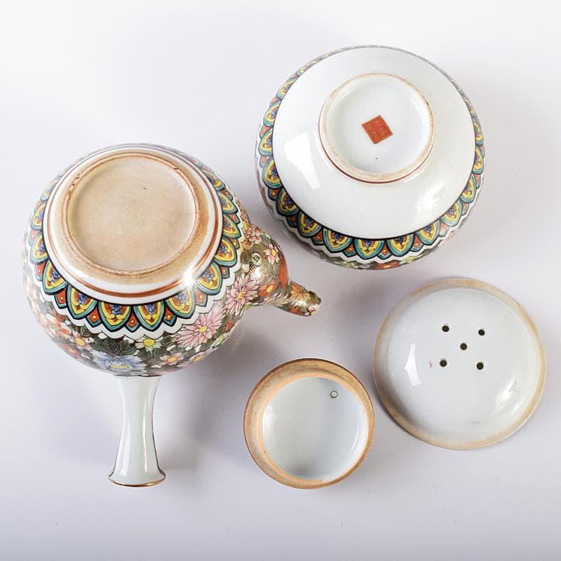 ぶりぶり煎茶道具　九谷焼　長寿造　色絵金彩　百花文　茶器揃　K　R8034