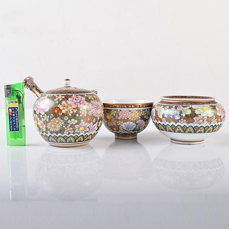 ぶりぶり煎茶道具　九谷焼　長寿造　色絵金彩　百花文　茶器揃　K　R8034