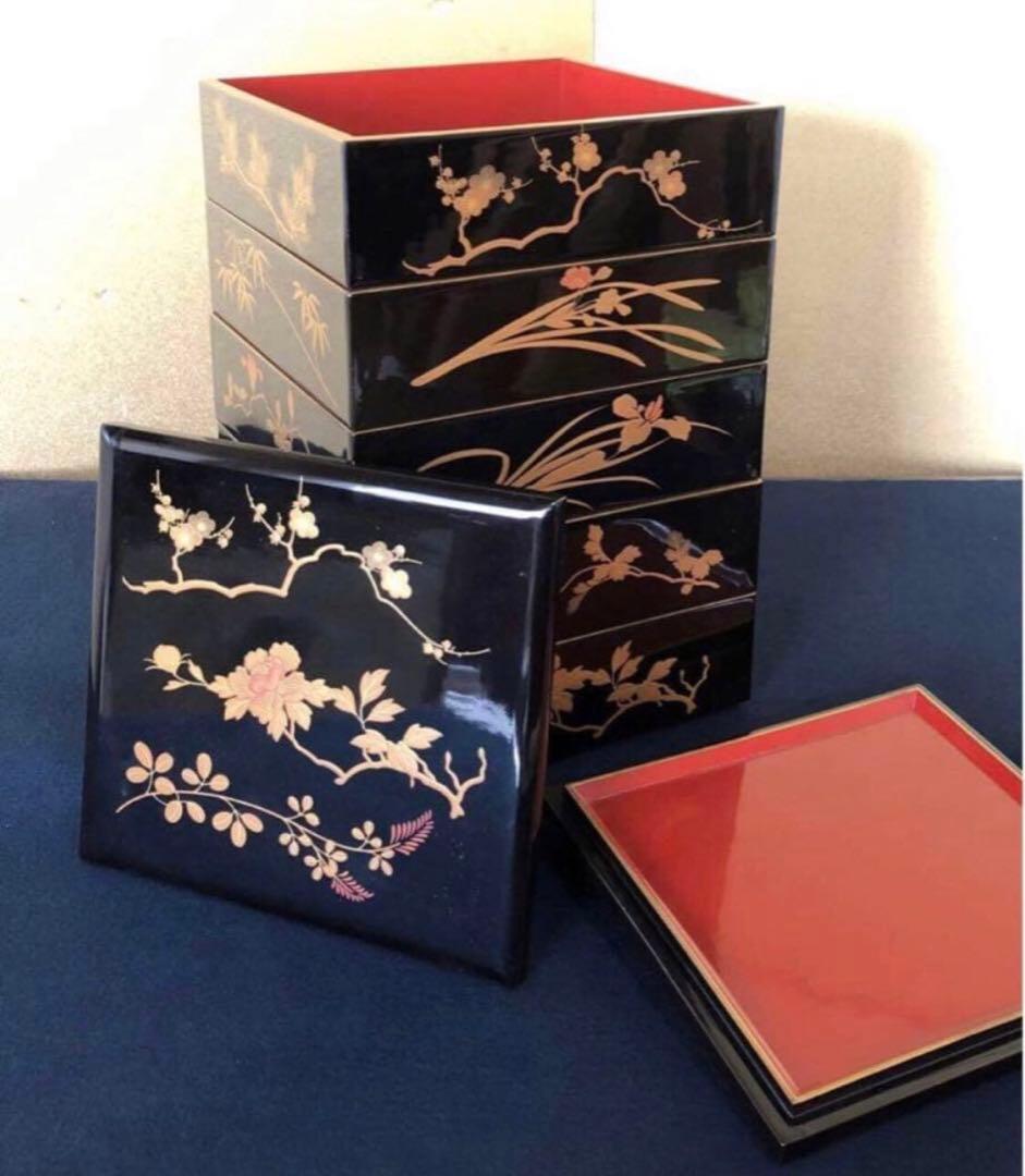 《レ》黒内朱 蒔絵付 五段重 替蓋付 木製漆器 木箱　251016い3