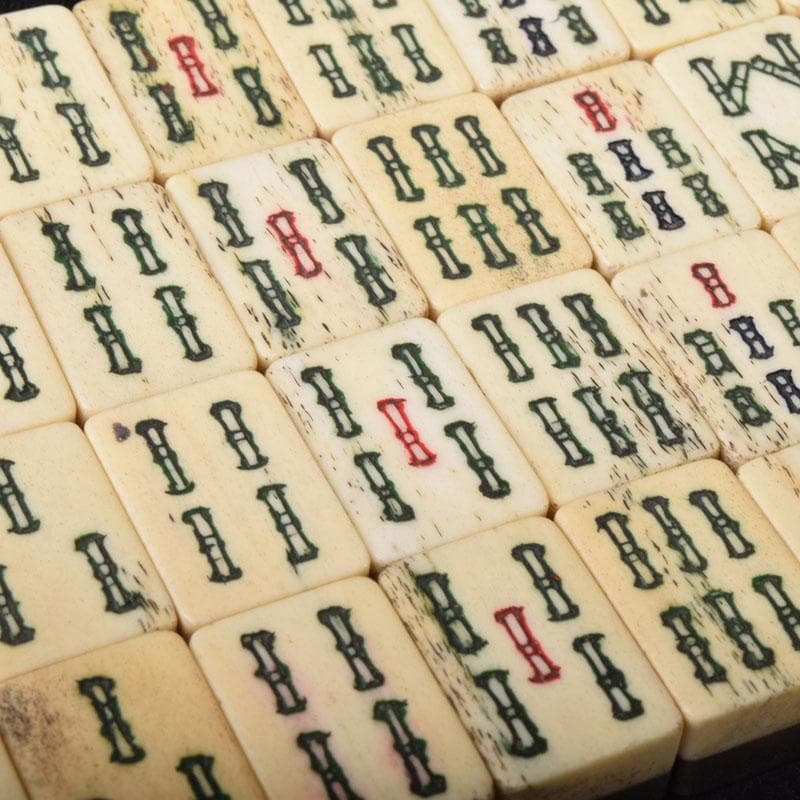 中国　竹嵌　骨牌　背竹牌　麻雀牌　皮製ケース付　V　7447