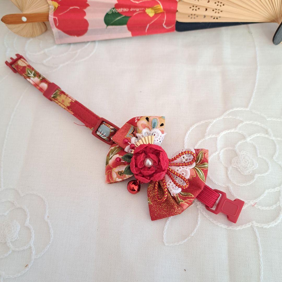 お正月仕様(赤②)つまみ細工付き和風リボン、わんちゃん猫ちゃん用