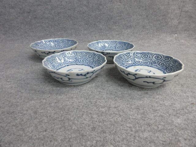 古伊万里染付蛸唐草文なます皿4枚 [B26416] 美術品・アンティーク・