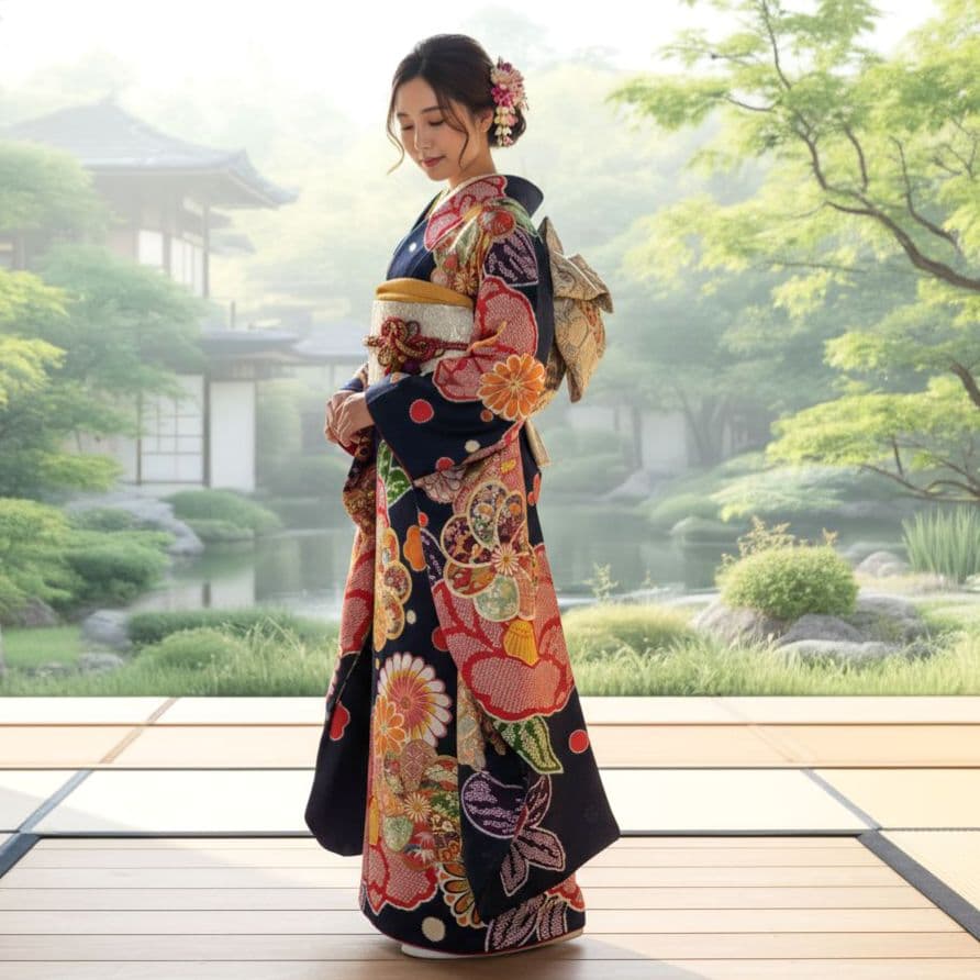 振袖フルセット(7点)・成人式・大輪花模様・金彩加工・宝尽くし・金駒