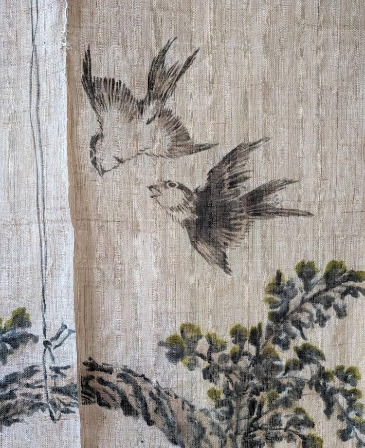 手描き麻暖簾【鳥と忍草】手染め のれん 巾81×144cm 一点物 アンティーク