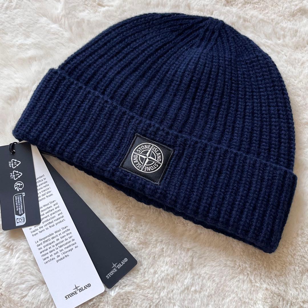 男女兼用【STONE ISLAND】ウール ロゴ ビーニー ニット帽 紺