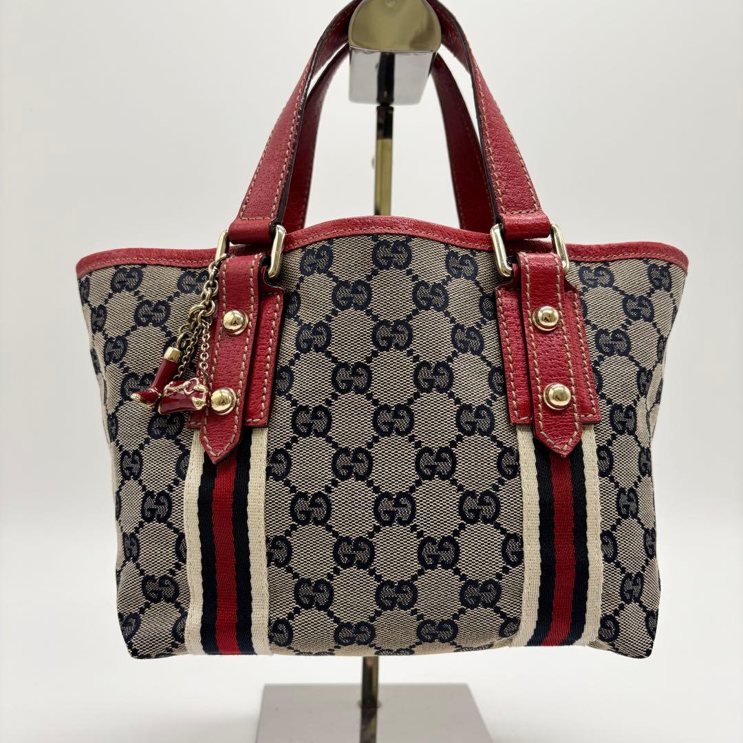 美品 ✨ グッチ ミニトートバッグ GG柄 シェリーライン キャンバス 赤