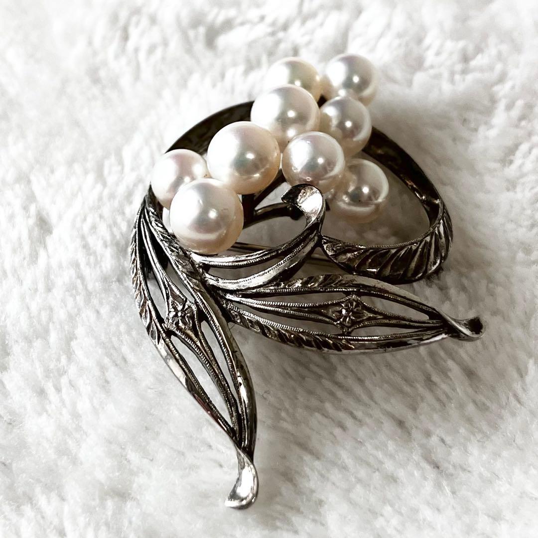 ☆美品☆ミキモト パールブローチ あこや真珠 シルバー 7粒 リーフ ハート