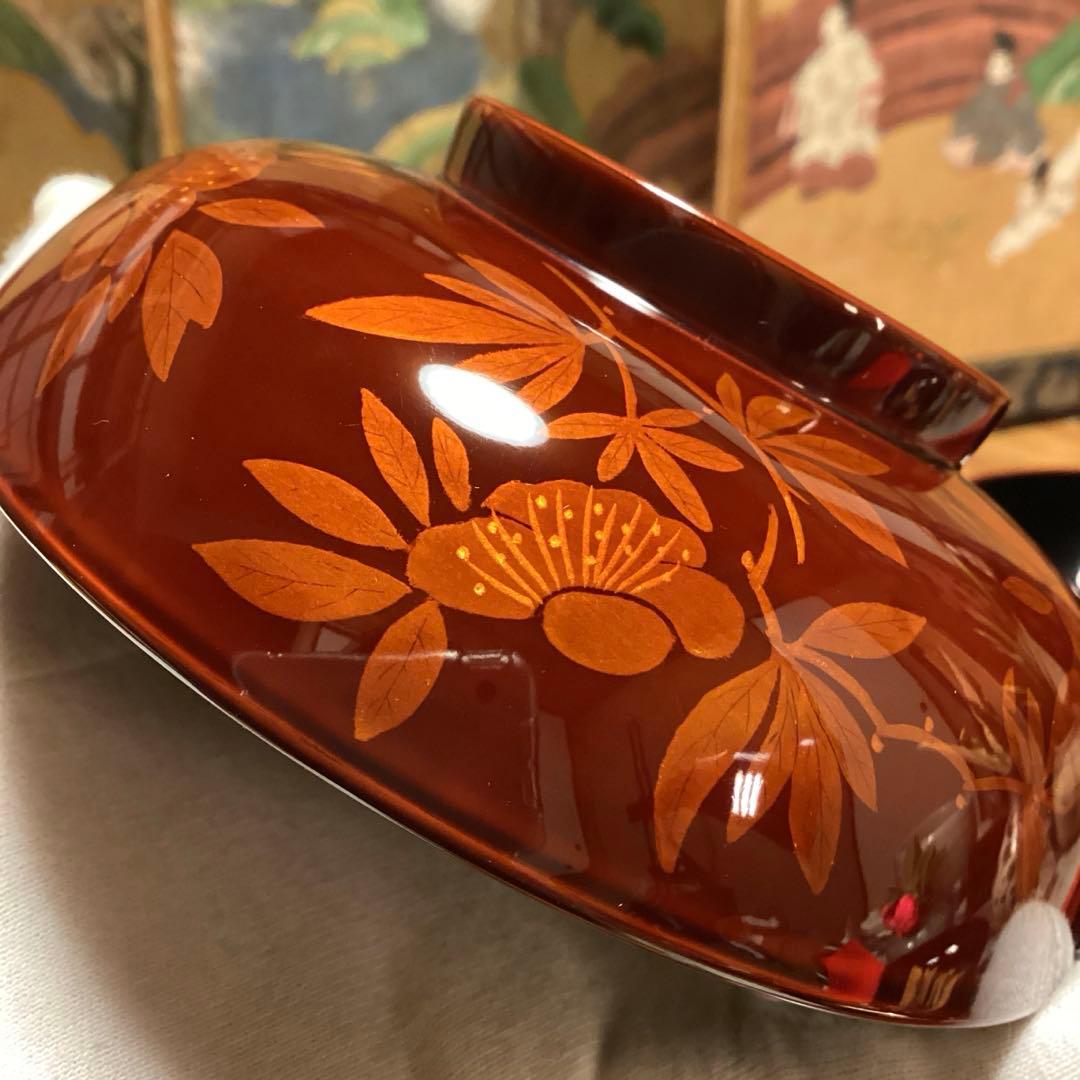 A893 木製輪島塗 白檀塗 山吹蒔絵 『千舟堂』 吸い物椀 煮物椀 5客 米