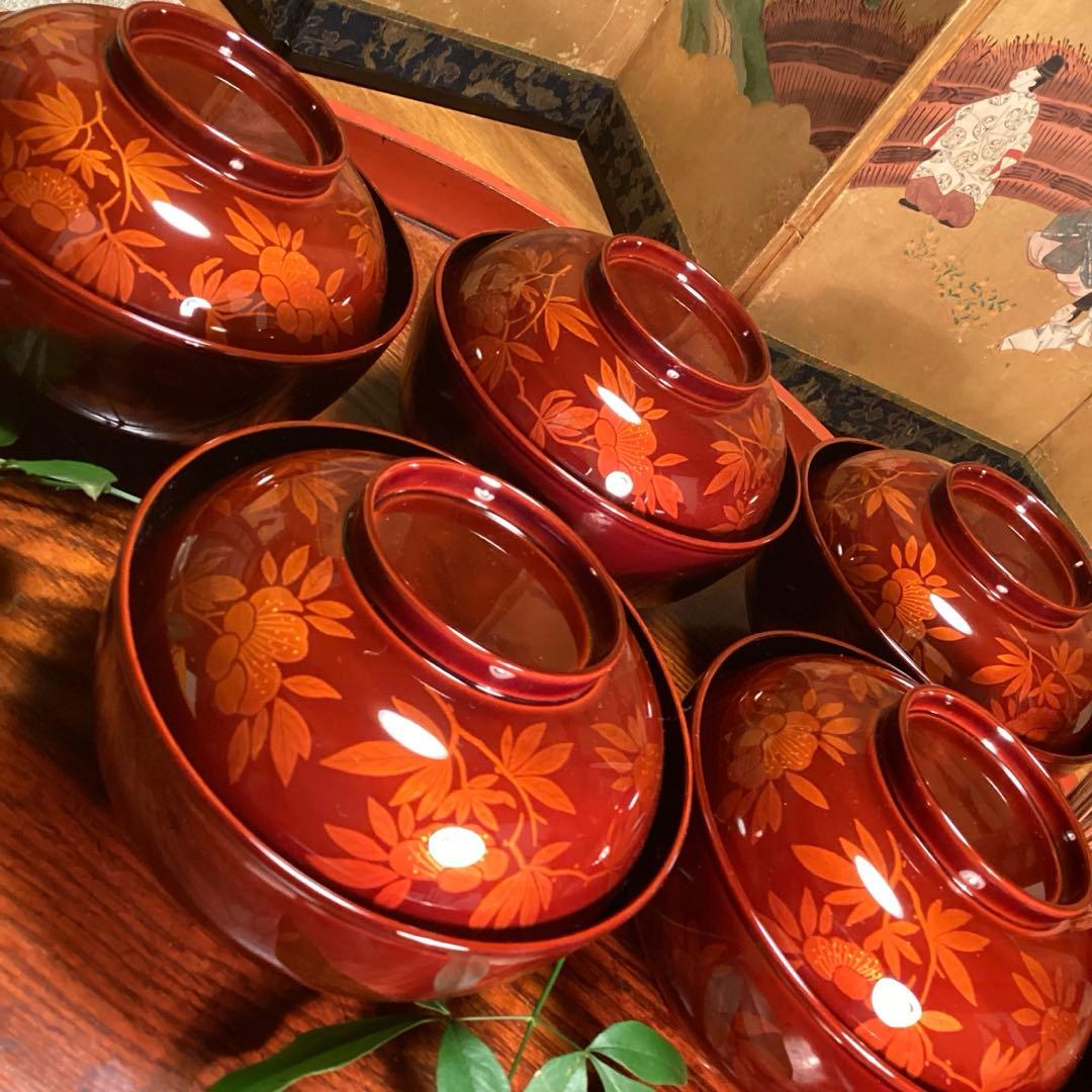 A893 木製輪島塗 白檀塗 山吹蒔絵 『千舟堂』 吸い物椀 煮物椀 5客