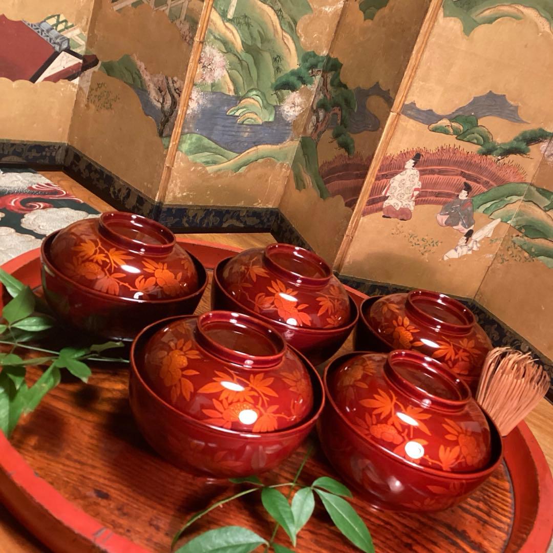 A893 木製輪島塗白檀塗山吹蒔絵『千舟堂』吸い物椀煮物椀5客