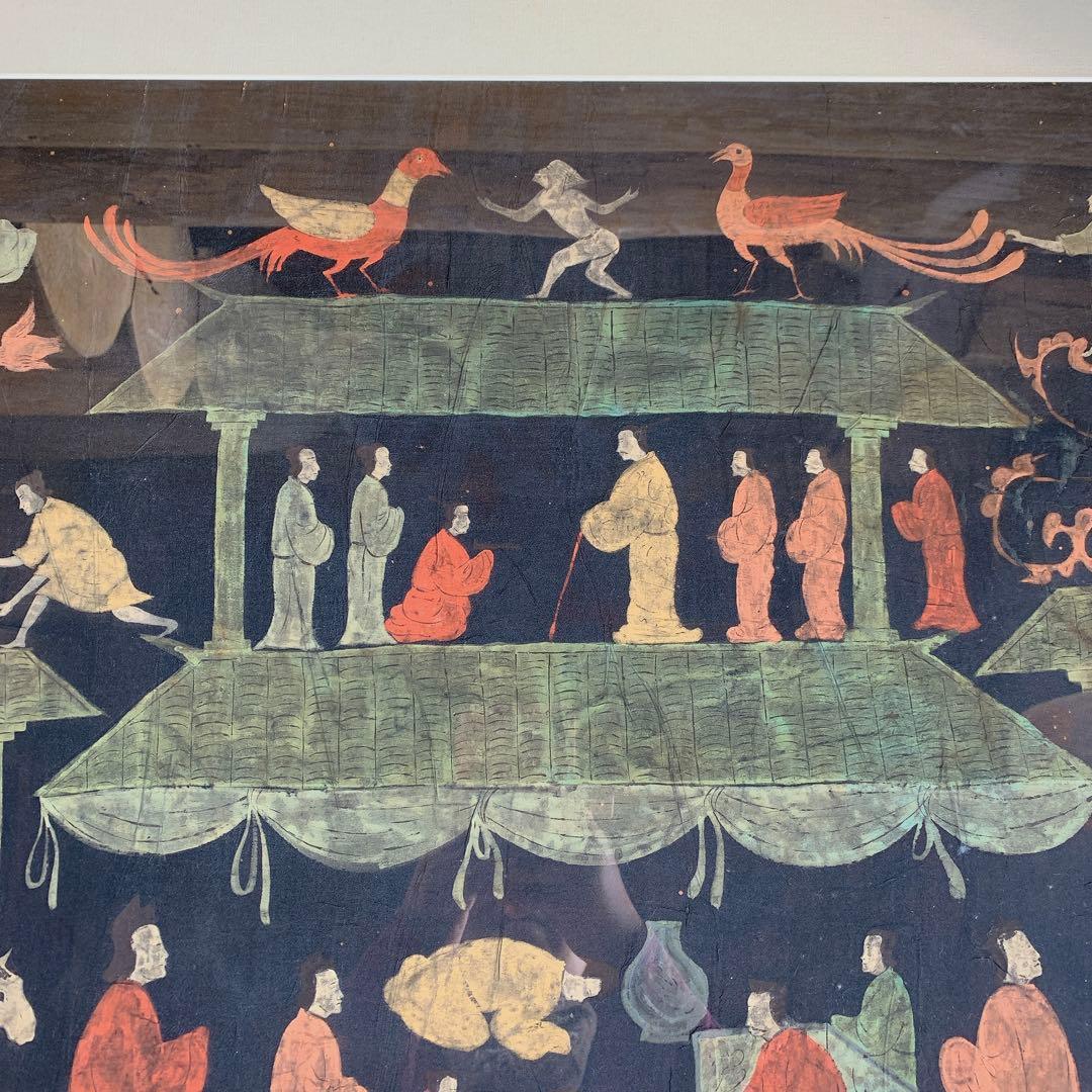 楚国　漢代　帛画　中国　シルク　絹　絵画　額縁　骨董品　馬　王　鳳凰　人　アート