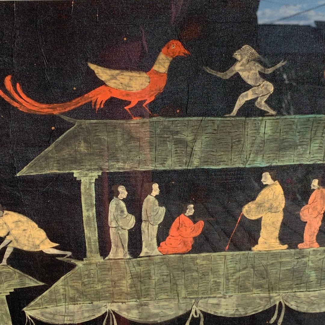 楚国　漢代　帛画　中国　シルク　絹　絵画　額縁　骨董品　馬　王　鳳凰　人　アート