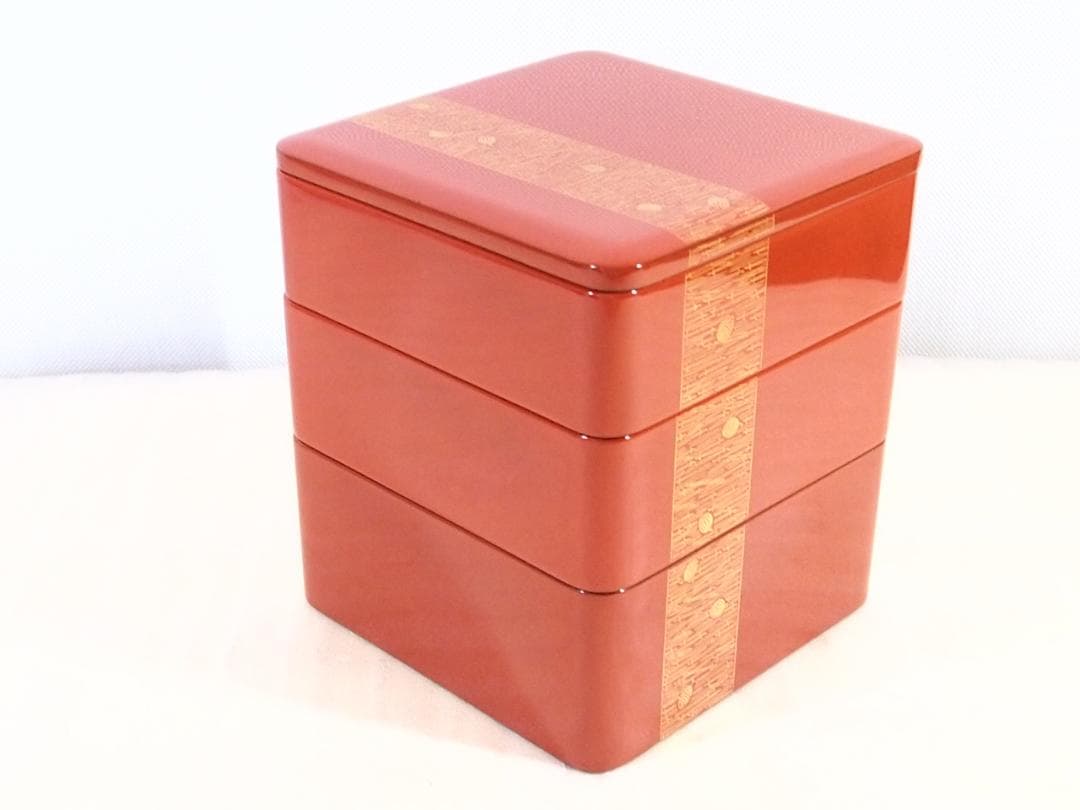 【美品】輪島塗 わじま慶塚 沈金模様 洗朱蝋色三段重箱 弁当箱/お重 漆器/食器