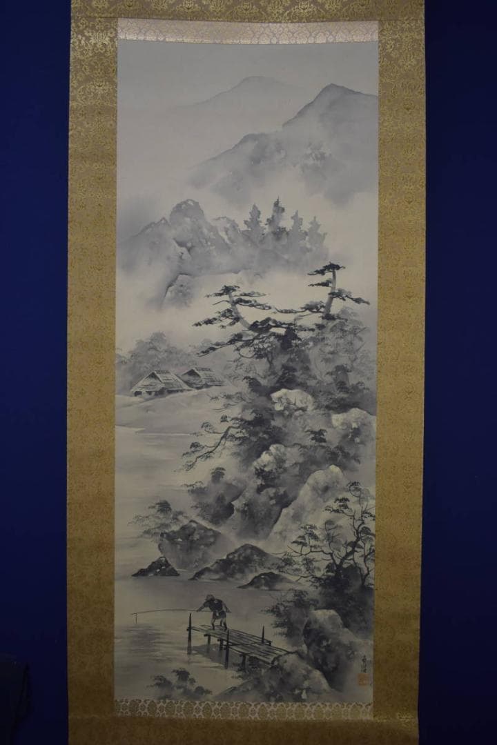 真作/清水千佳/山水釣人図/人物図/水墨山水図/桐共箱付/布袋屋掛軸HJ-97