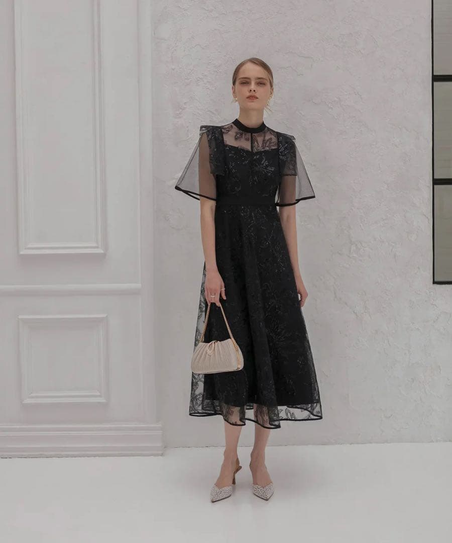 フラップデザインフラワースパンコールAラインワンピースドレス