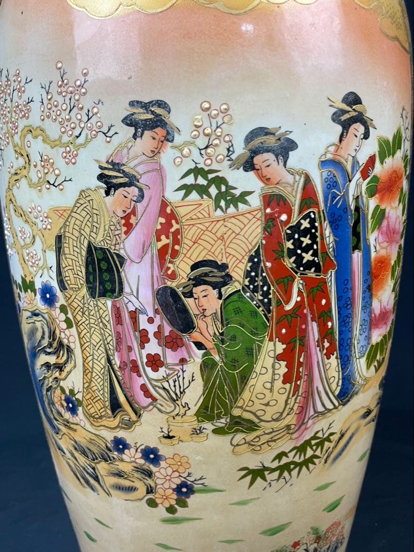 薩摩焼 特大 飾壺 金彩 美人画 金襴手 双耳 花蝶図 青粒