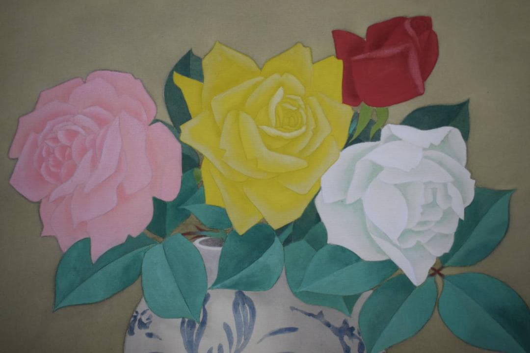 真作/山口華坪/薔薇花瓶図/バラ/布袋屋掛軸HH-884