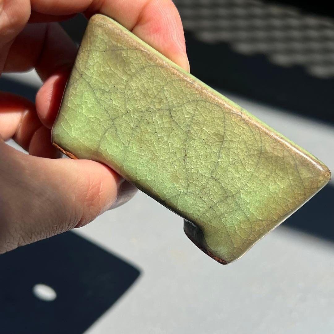 782.暁雲 緑貫入釉長方 盆栽鉢 植木鉢 10*8.7*4.2cm