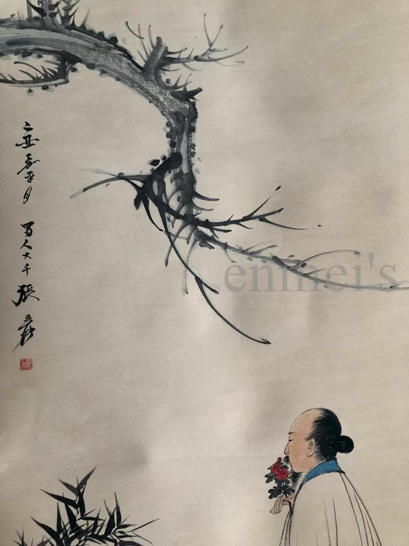 中国古美術・純手描き四尺人物掛軸・水墨画・張大千印款・茶道・肉筆
