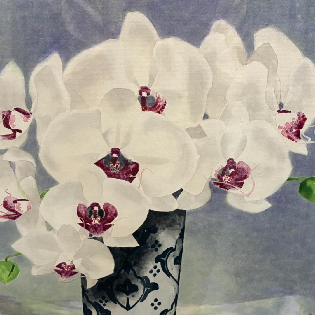 久保吉郎 胡蝶蘭 日本画 額入り 646×646mm