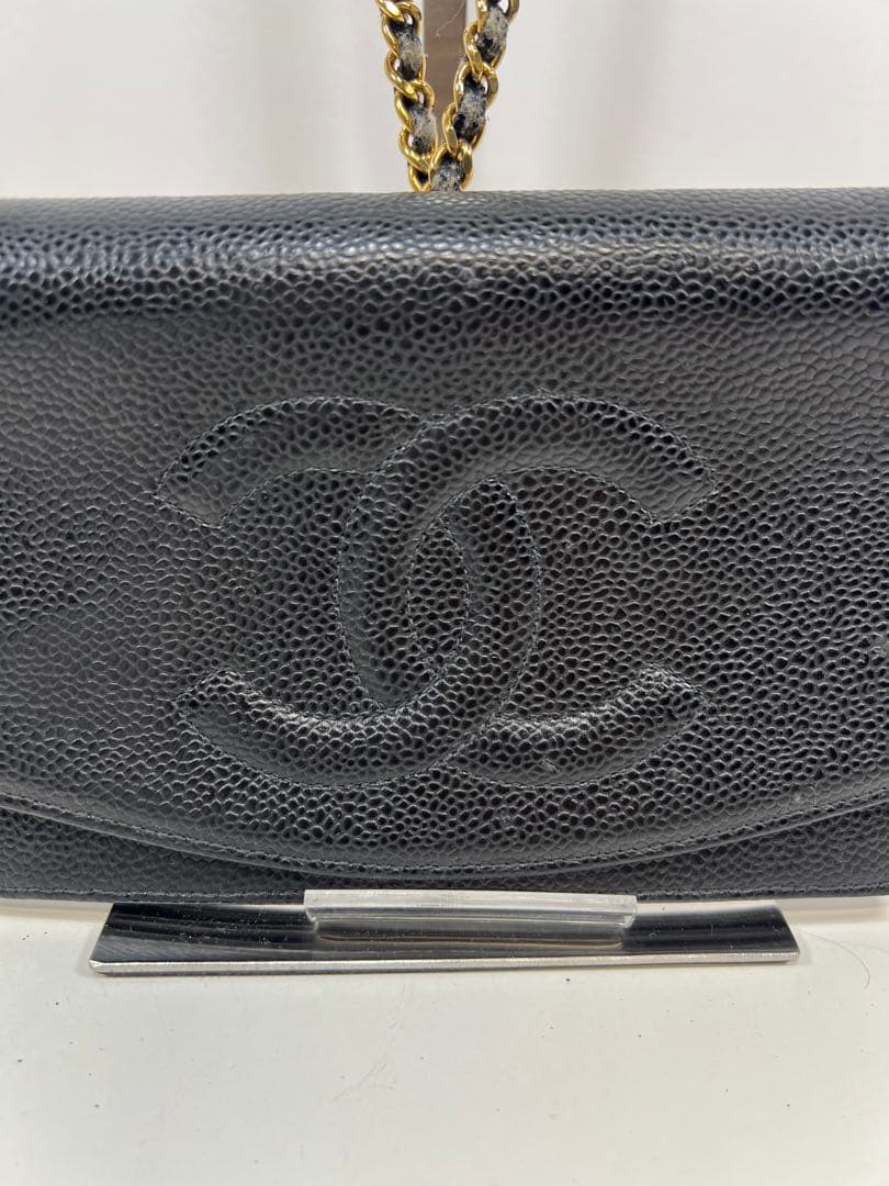CHANEL ブラックレザー チェーンウォレット バッグ