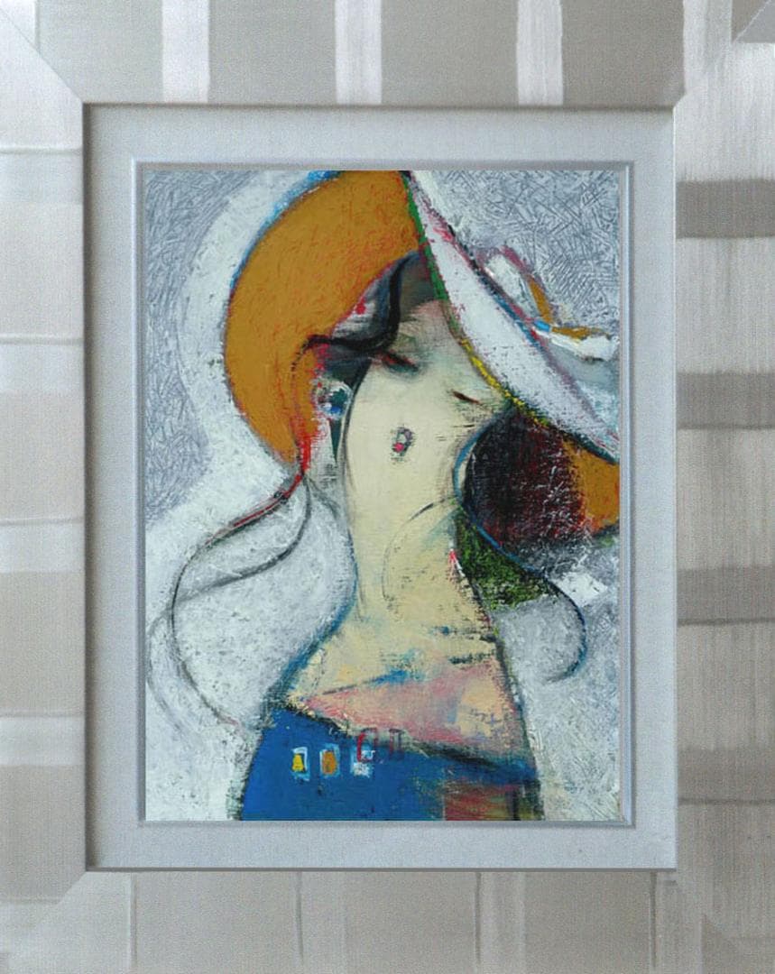 油絵 菅家令子 絵 絵画インテリア額付(青緑＋金色の枠) F6-081812女性