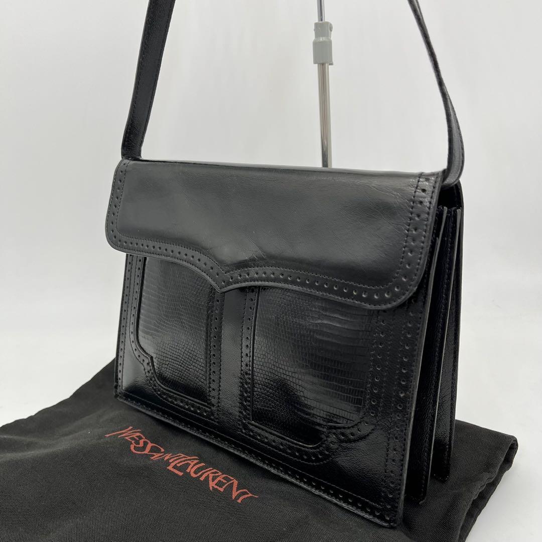 【美品】イヴサンローラン ワンショルダーバッグ 肩掛け リザード型押し 黒