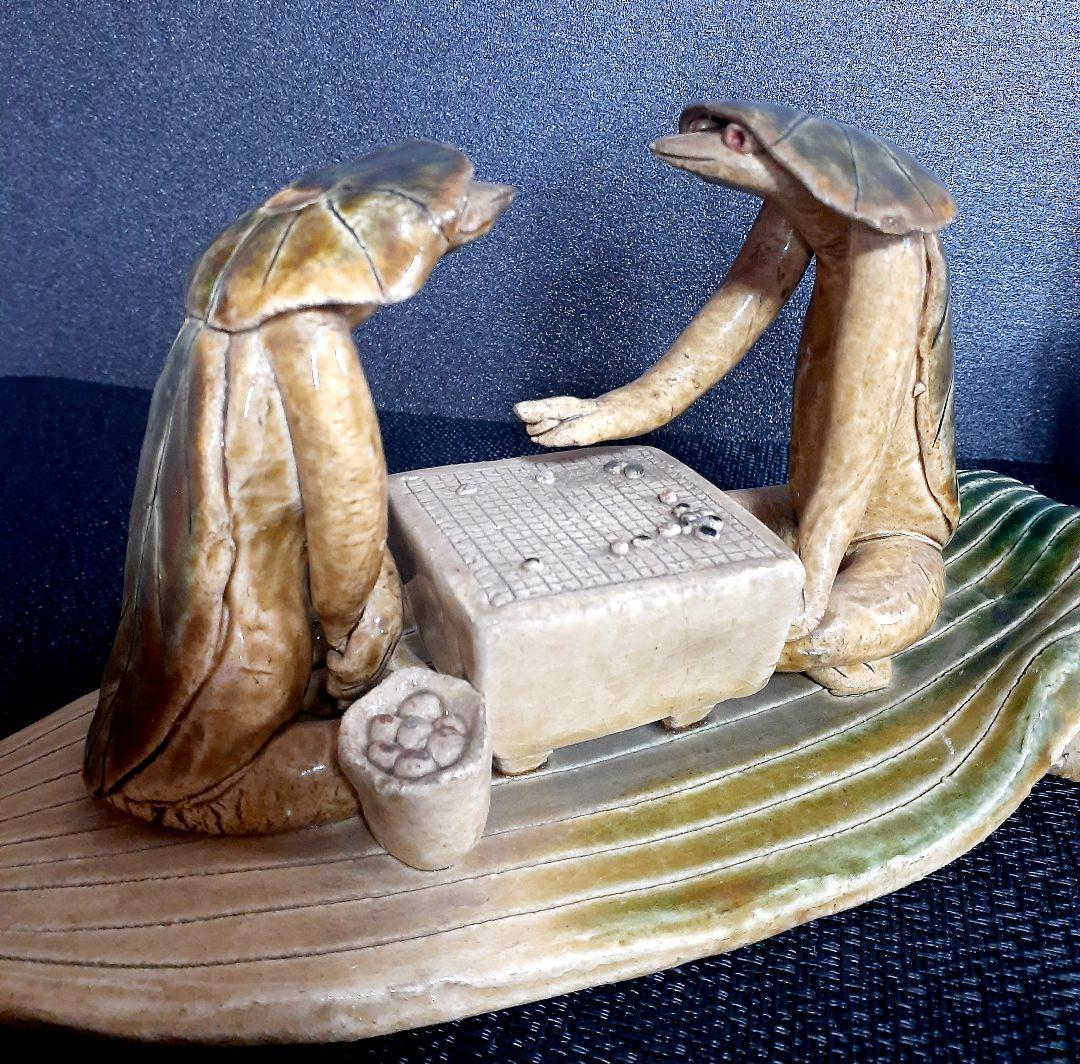 珍品】時代物 織部焼 織部釉 河童(カッパ)の囲碁打 飾り物 オブジェ