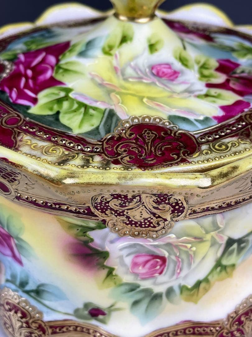 希少】オールドノリタケ 約23cm 薔薇紋 ビスケットジャー メープルリーフ