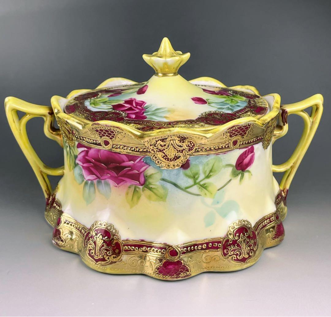 【希少】オールドノリタケ 約２３cm 薔薇紋 ビスケットジャー メープルリーフ