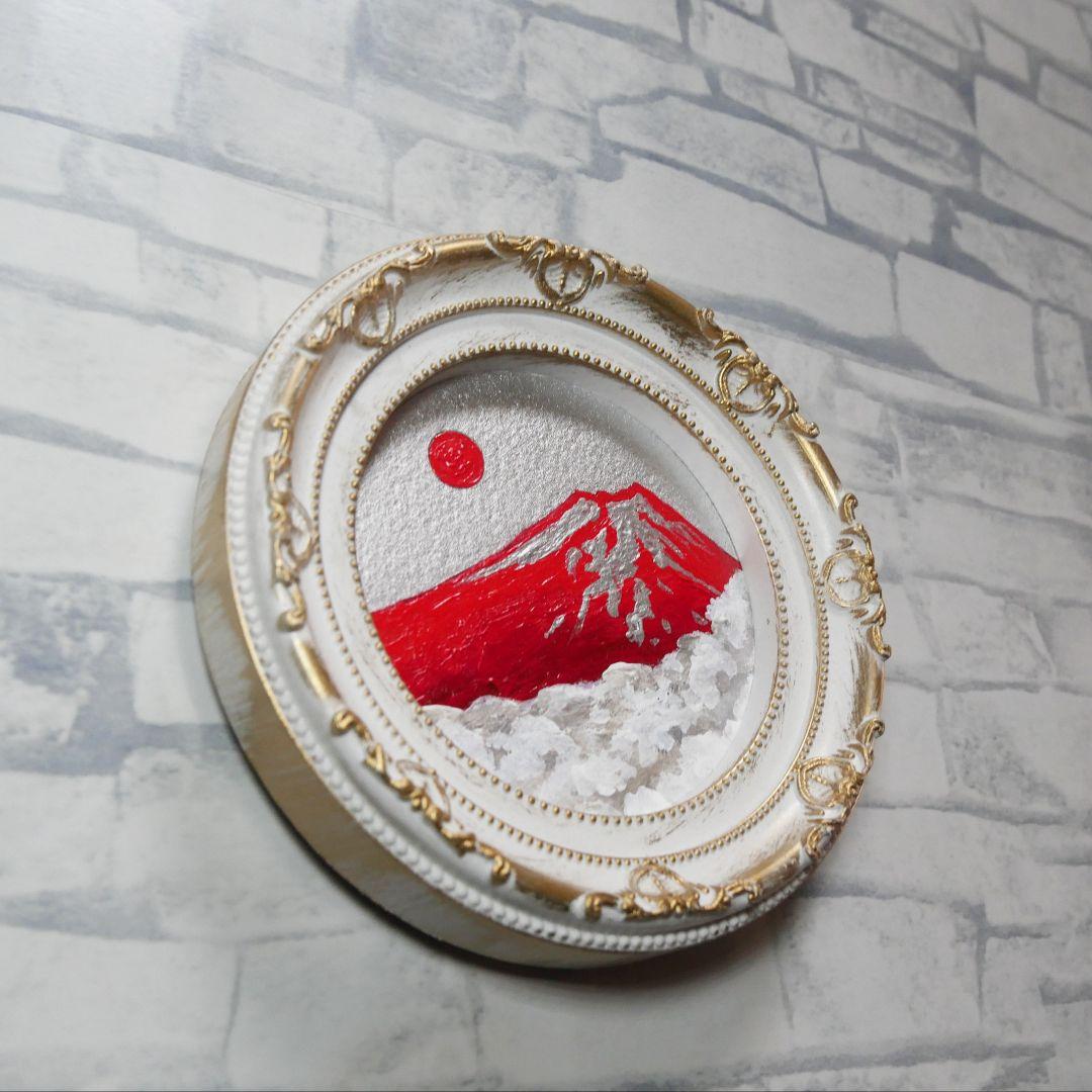油彩画 円形ミニ絵画「赤富士」 銀の空と白い雲
