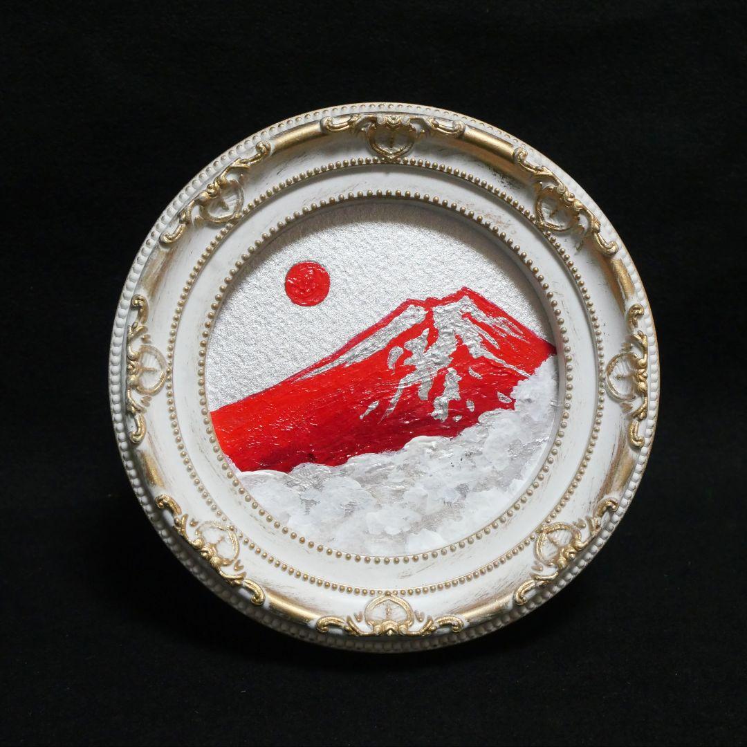 油彩画 円形ミニ絵画「赤富士」 銀の空と白い雲