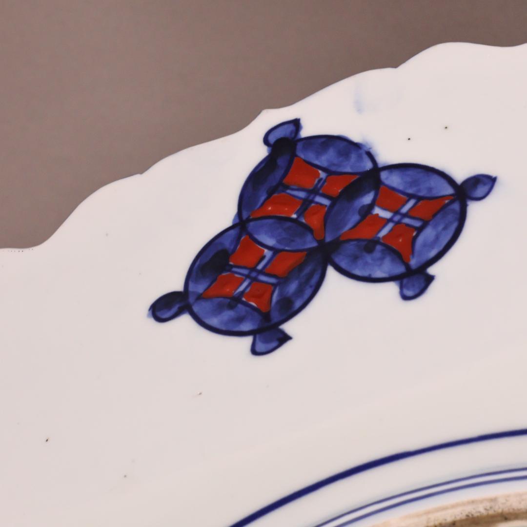 BK301 明治期 古伊万里 色絵小紋芍薬図 六角 大皿 大日本 肥蝶山