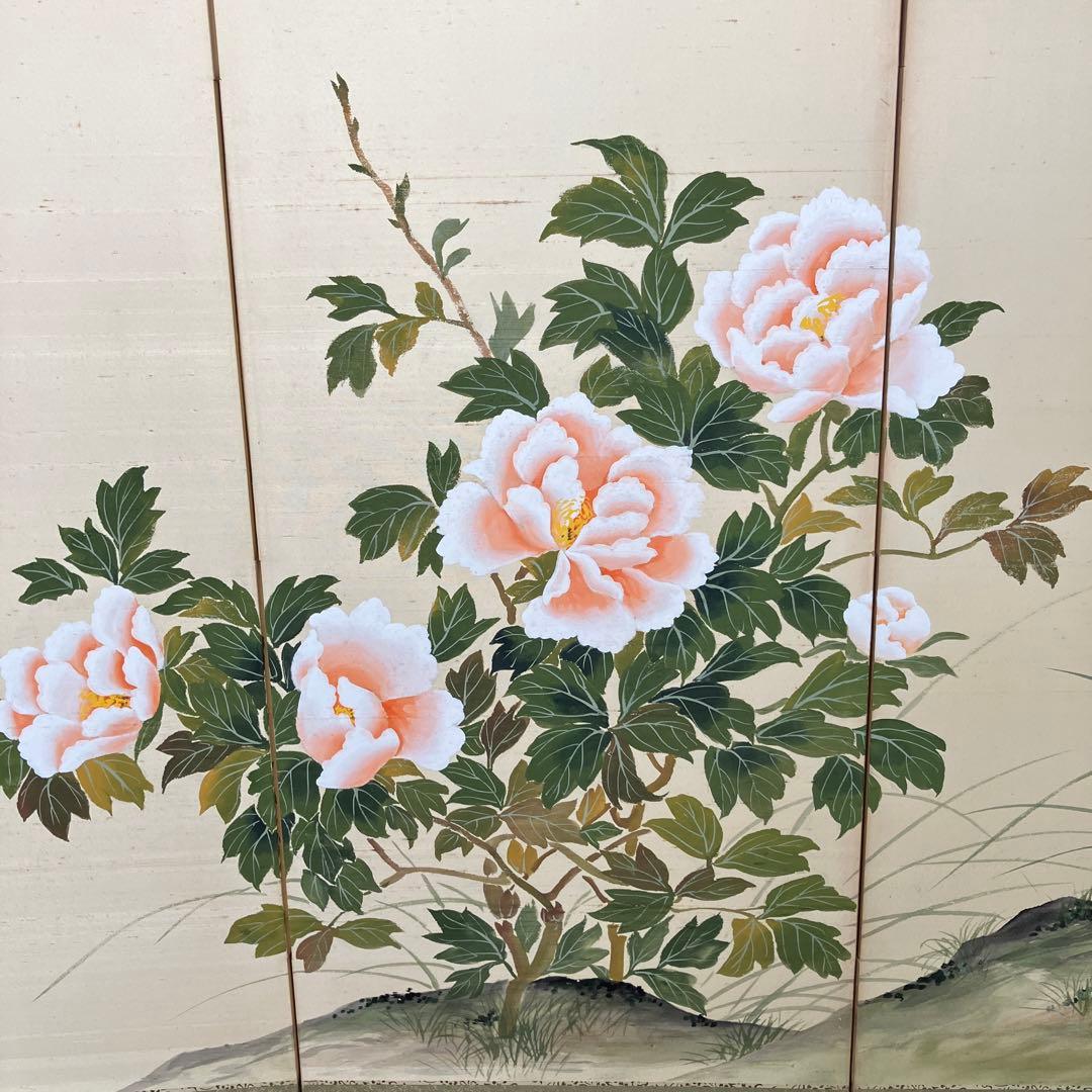 屏風 春湖 牡丹 絹本 引取品 年代物 時代物 美術品 アート 美術品