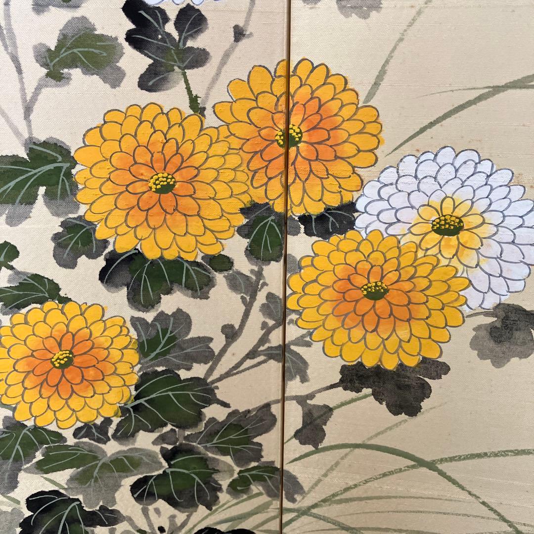 屏風 春湖 牡丹 絹本 引取品 年代物 時代物 美術品 アート 美術品