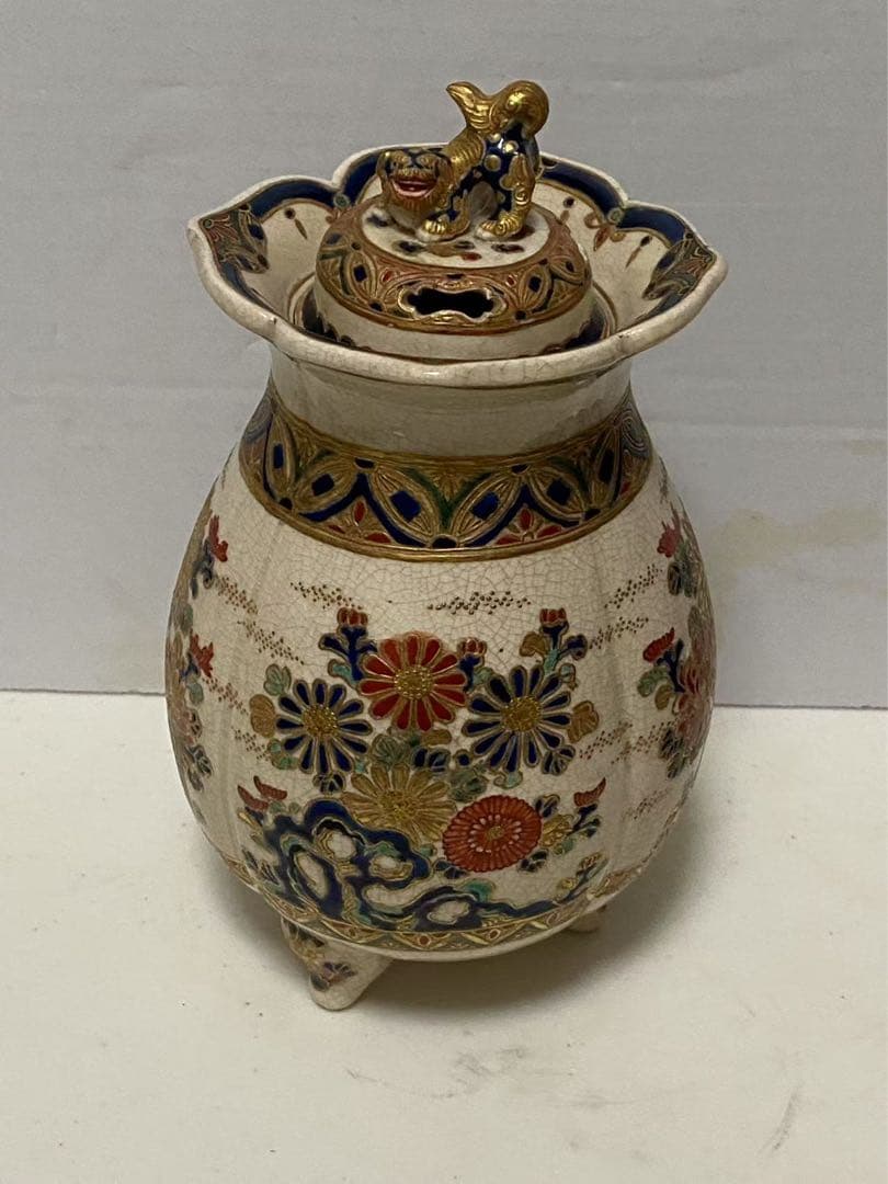 薩摩焼 丸十字薩摩 明治期 香爐 金彩花草文 金襴手 美術品
