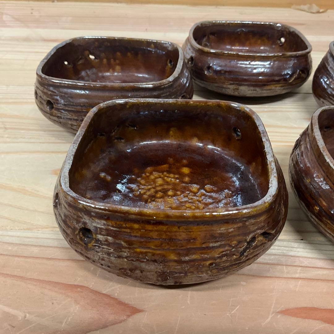 6代大樋長左衛 飴釉四方七宝透かし向付 5客揃え