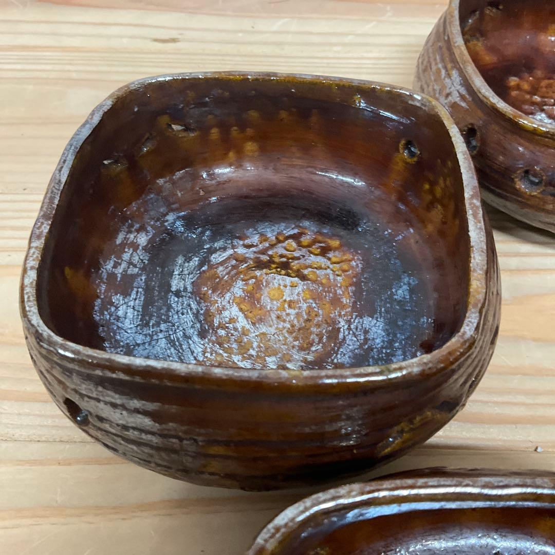 6代大樋長左衛 飴釉四方七宝透かし向付 5客揃え