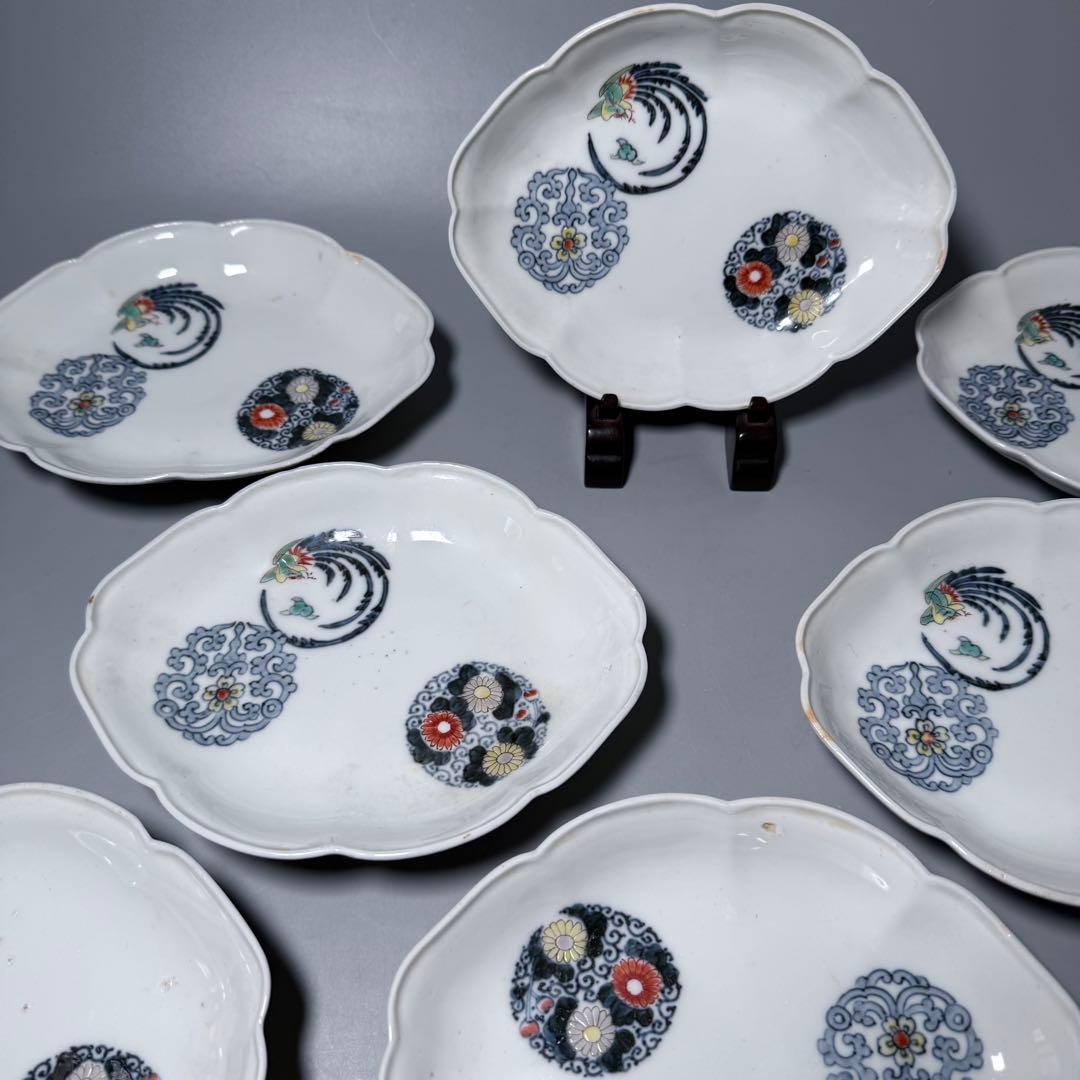 大正〜昭和初期　十二代柿右衛門　錦　丸文様　鳳凰文　変形皿　角福　十枚　希少な器